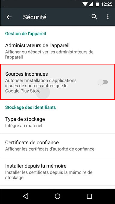 Paramtres / Scurit / Sources inconnues sur Android 5.5 et 6.0