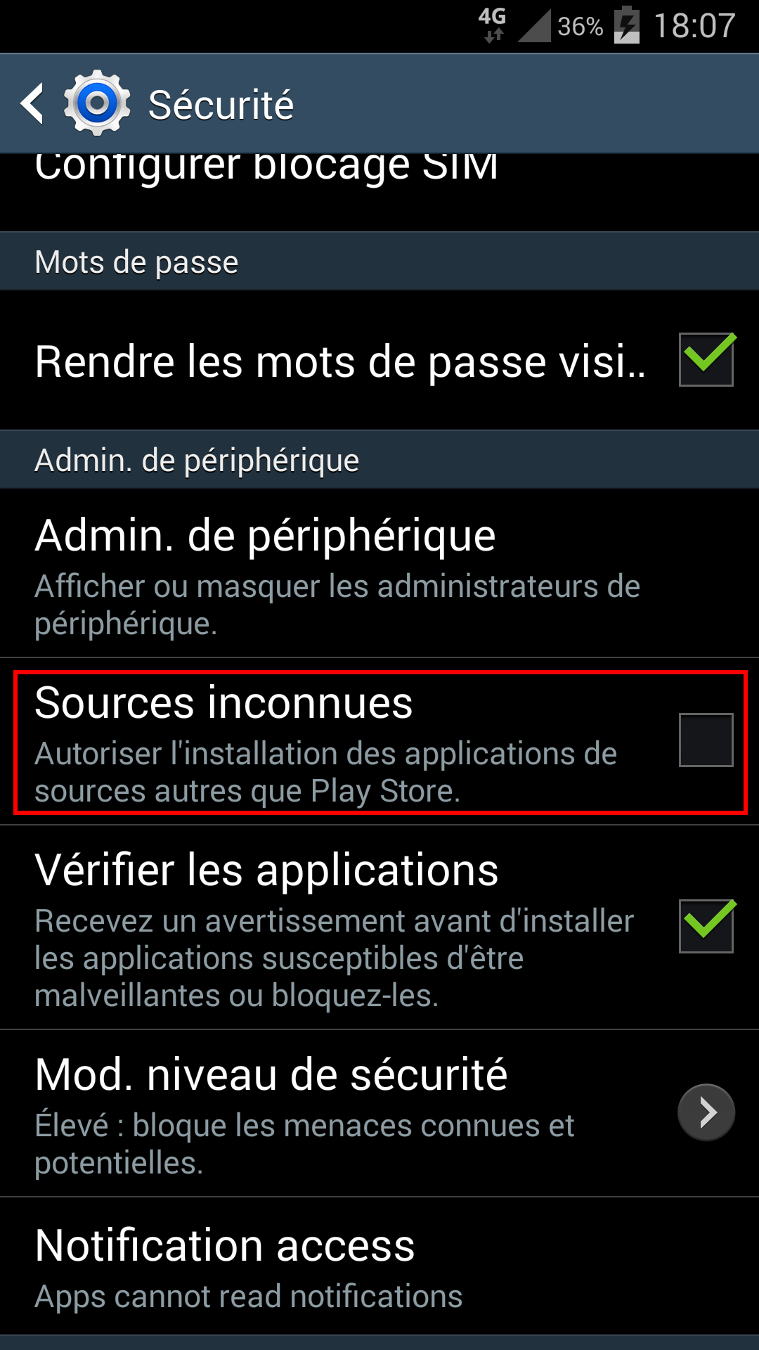 Paramtres / Scurit / Sources inconnues sur Android 4.4 et surcouche Samsung TouchWiz