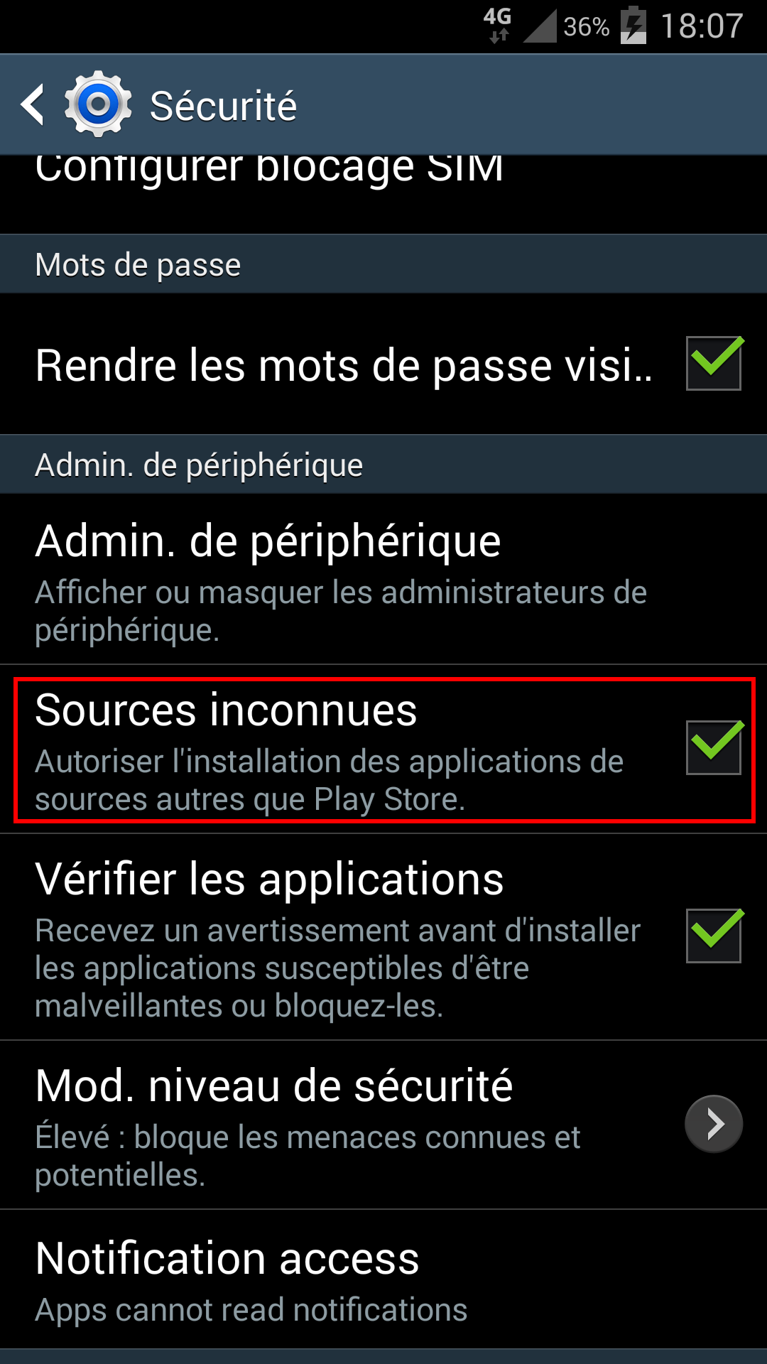 Paramtres / Scurit / Sources inconnues sur Android 4.4 et surcouche Samsung TouchWiz