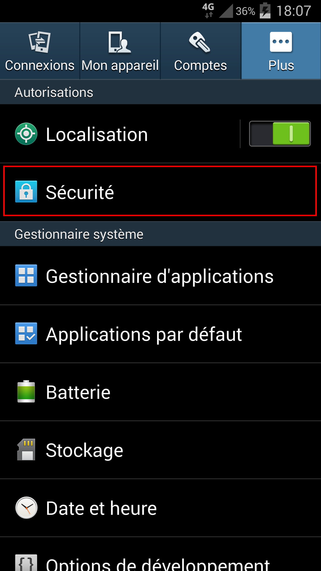 Paramtres / Scurit sur Android 4.4 et surcouche Samsung TouchWiz